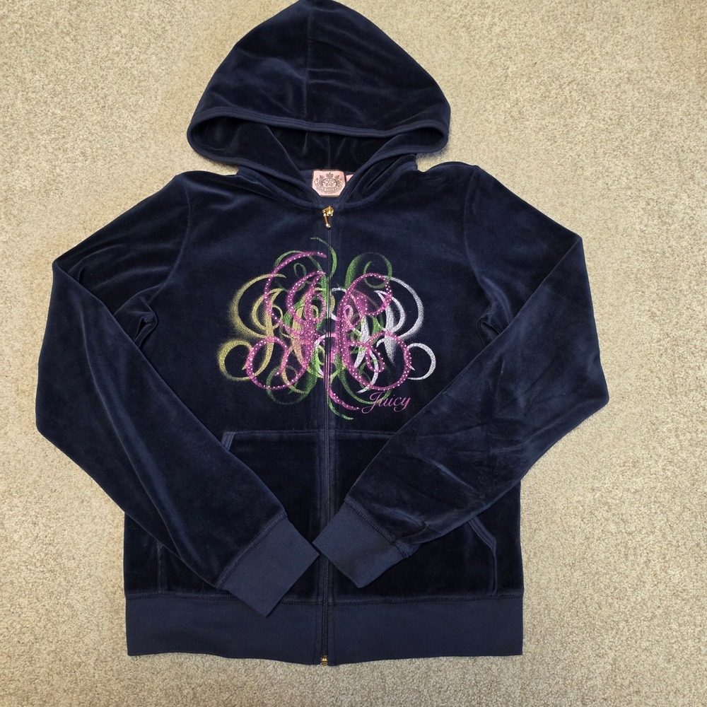 Juicy Couture Vintage Y2K Navy Blue Velour Rhinestone Hoodie Made in USA Large